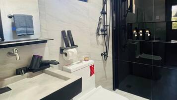 Shower, hair dryer, towels