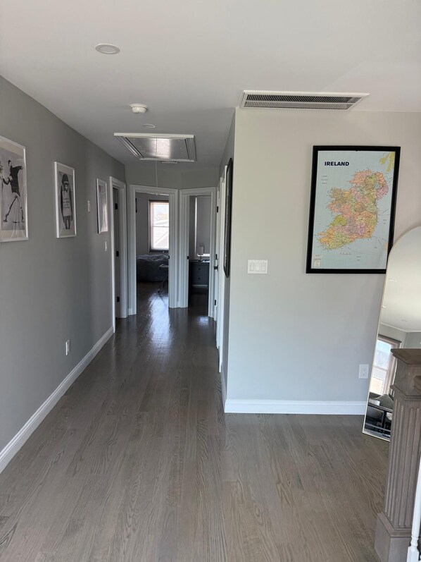 A hallway with a map of Ireland on the wall, a ceiling vent, and a door leading to another room.