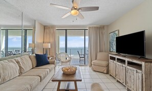 Signature Condo, 3 Bedrooms, Beach View, Beachfront | Living room | 55-inch Smart TV with digital channels