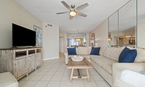 Signature Condo, 3 Bedrooms, Beach View, Beachfront | Living room | 55-inch Smart TV with digital channels