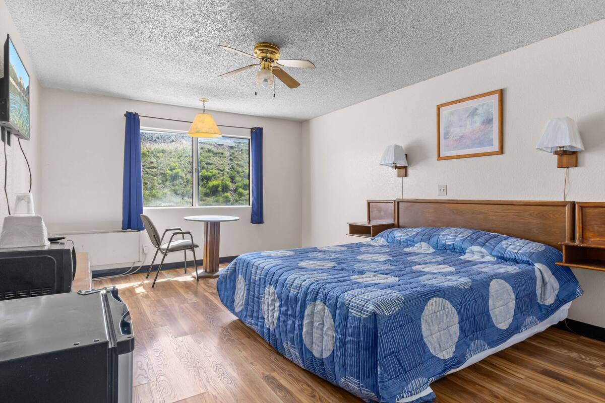 A bedroom with a bed, a desk, a chair, a ceiling fan, a window with curtains, and a painting on the wall.
