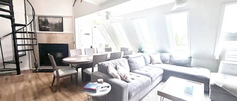 Smart TV, chimenea, reproductor de DVD y libros