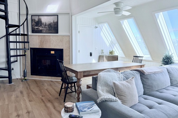 Una Smart TV, una chimenea, un reproductor de DVD, libros