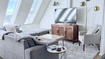 Smart TV, fireplace, DVD player, books