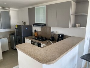 A modern kitchen with a granite countertop, stainless steel appliances, and a built-in oven. - Pleasant 2-bedroom apartment with AC in Gaira (Gaira)