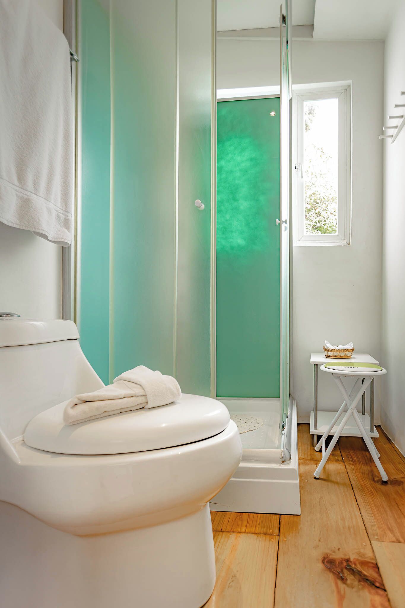 A bathroom with a white toilet, a glass-enclosed shower, and a small white table with a bowl.