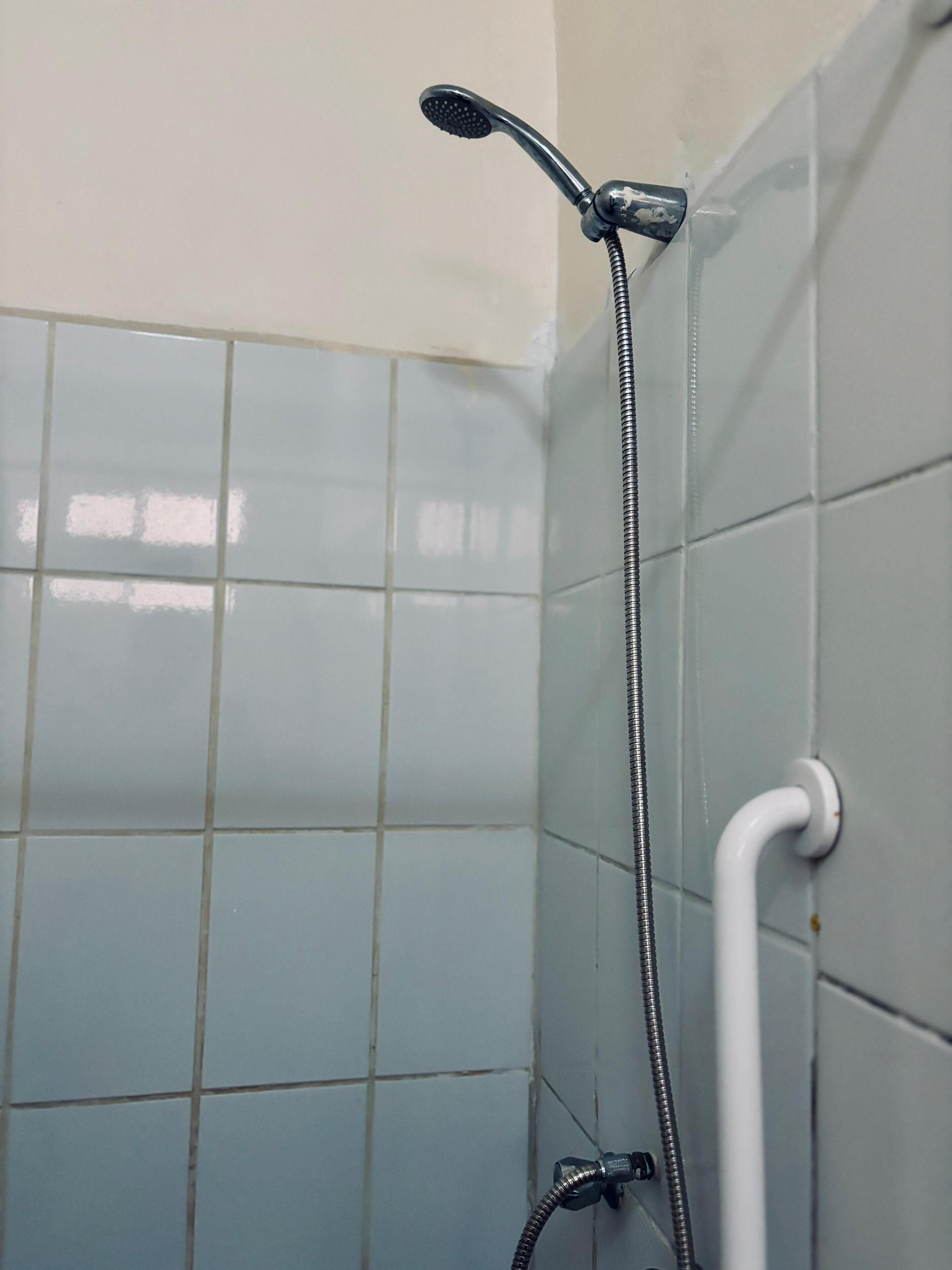 Ducha con cabezal de ducha manual y manguera flexible, instalada en una pared de azulejos.