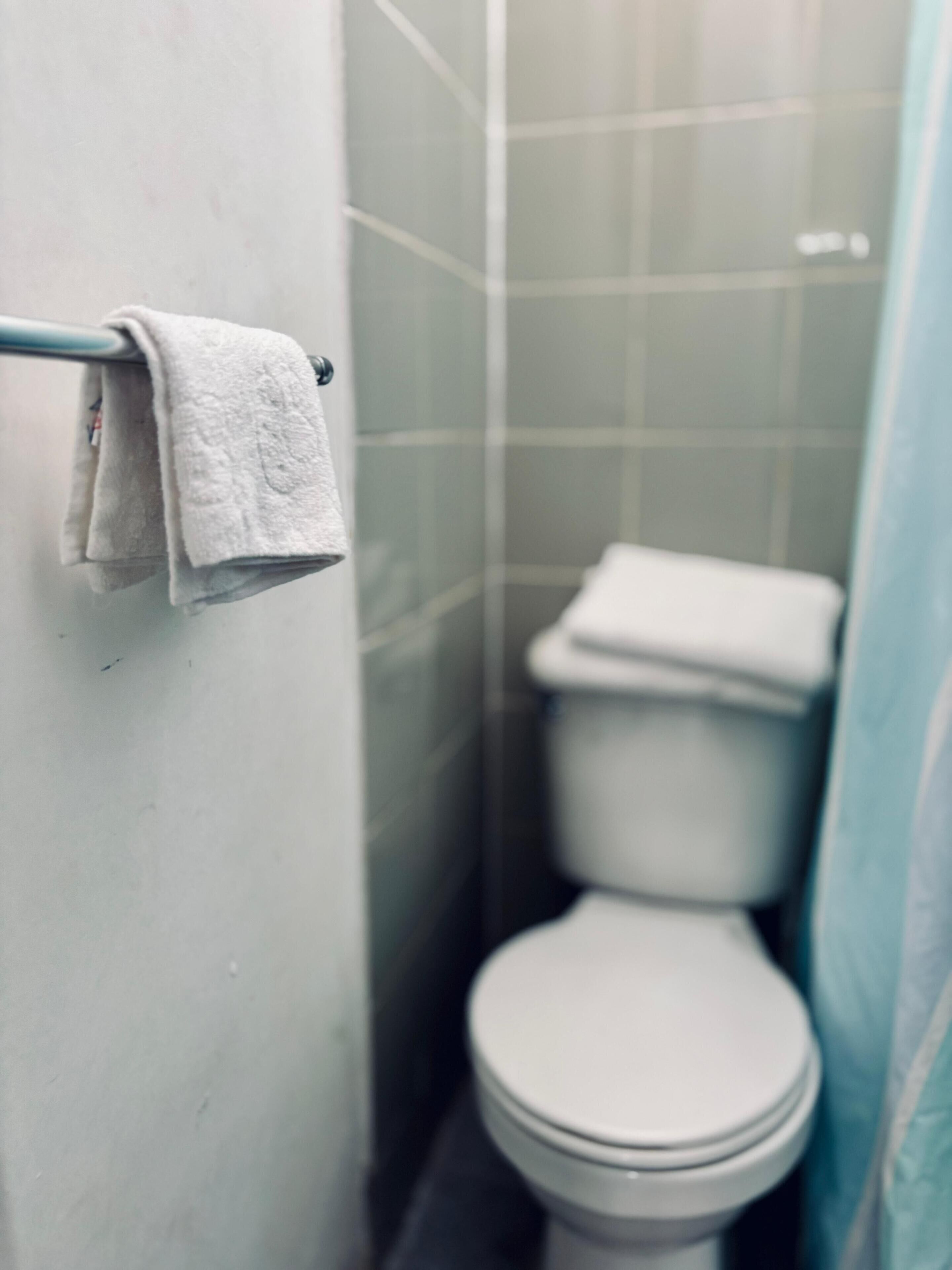 Baño con un inodoro blanco y una toalla colgada en un perchero de metal.