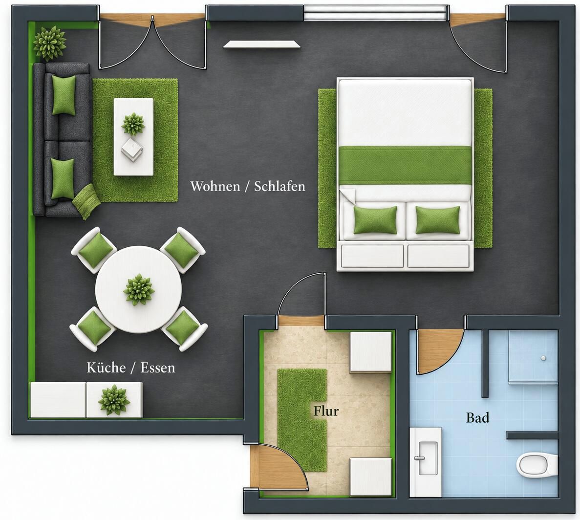 Plano de planta que muestra una sala de estar, comedor, cocina, baño y un pequeño jardín.