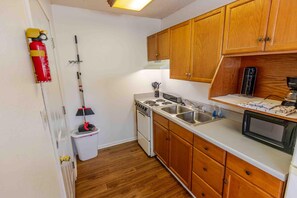 A compact kitchen with wooden cabinets, a stove, a microwave, and a sink.