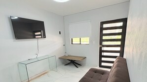 A modern living room with a sofa, a glass coffee table, a flat-screen TV, a ceiling light, a window with blinds, and a door with a window.