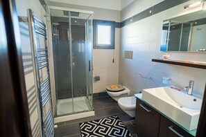 Shower, hair dryer, bidet, towels