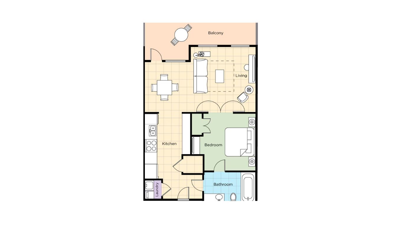 A floor plan of a hotel room with a balcony, living area, kitchen, bedroom, bathroom, and a small laundry area.