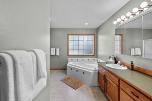 Hair dryer, towels, soap, shampoo