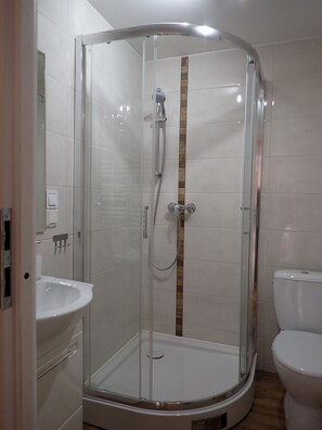 Hair dryer, towels, soap, toilet paper