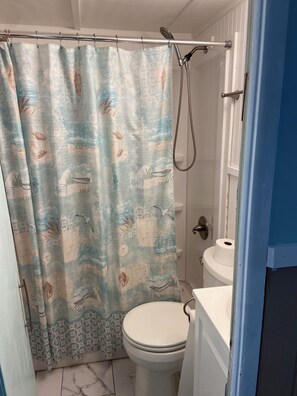 Douche, serviettes fournies, papier de toilette