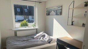 Un dormitorio con una cama, un escritorio, una silla, un radiador, una ventana y una estantería con plantas.