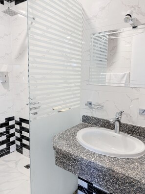 Jetted bath, hair dryer, towels, toilet paper