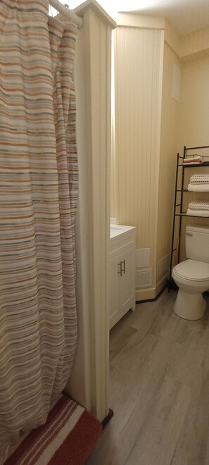 A bathroom with a toilet, a sink, and a shower curtain.