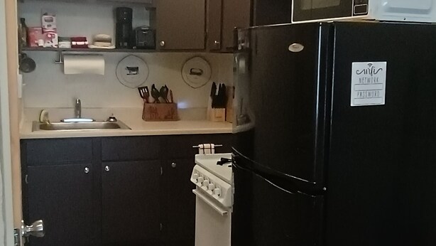 A compact kitchen with dark cabinets, a black refrigerator, a microwave, and a white stove. - Old Hunting Cabin Apartment on High St (Collbran)