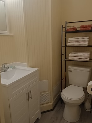 Shower, towels, soap, toilet paper