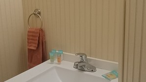 A bathroom with a white sink, a towel ring, and toiletries. - Old Hunting Cabin Apartment on High St (Collbran)