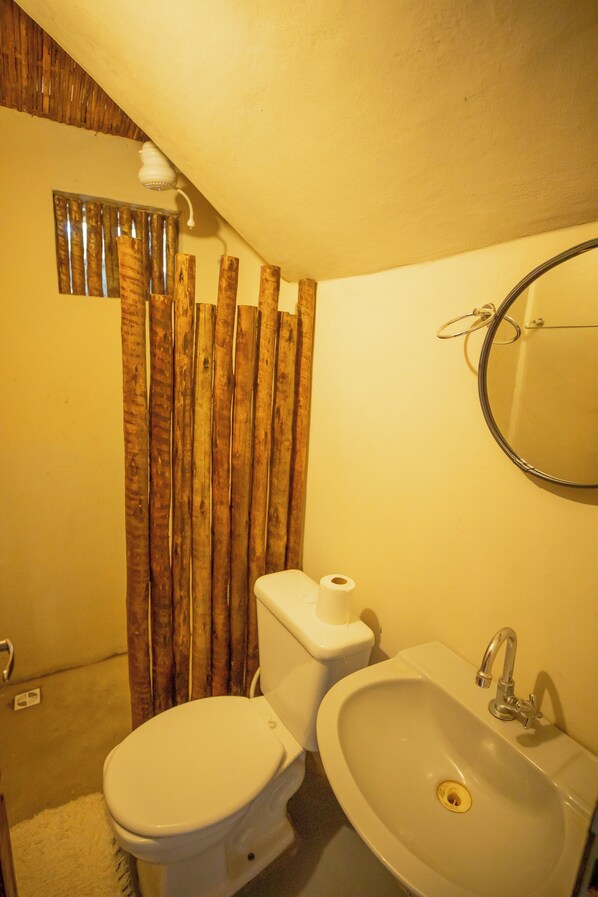 Une salle de bain avec des toilettes, un lavabo et un rideau de douche en bois.