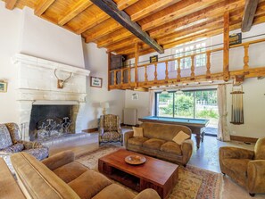 TV, fireplace, music library