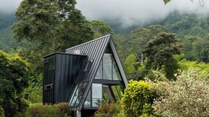 A modern house with a triangular roof, surrounded by lush greenery and a garden with a stone pathway. - AREWÁ Biohabitat (Pijao)