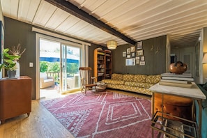 Smart TV, fireplace, books