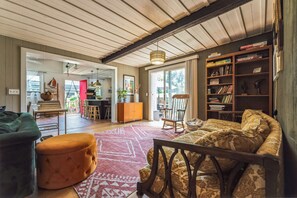 Smart TV, fireplace, books