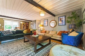 Smart TV, fireplace, books