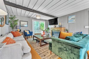 Smart TV, fireplace, books