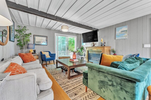 Smart TV, fireplace, books