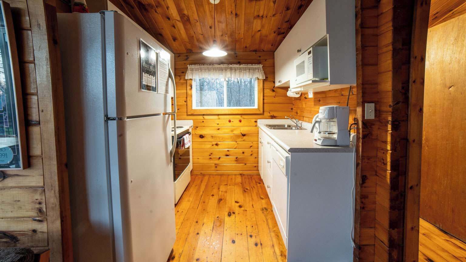 Frigorífico, microondas, placa de cocina y utensilios de cocina