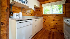 Fridge, microwave, stovetop, cookware/dishes/utensils