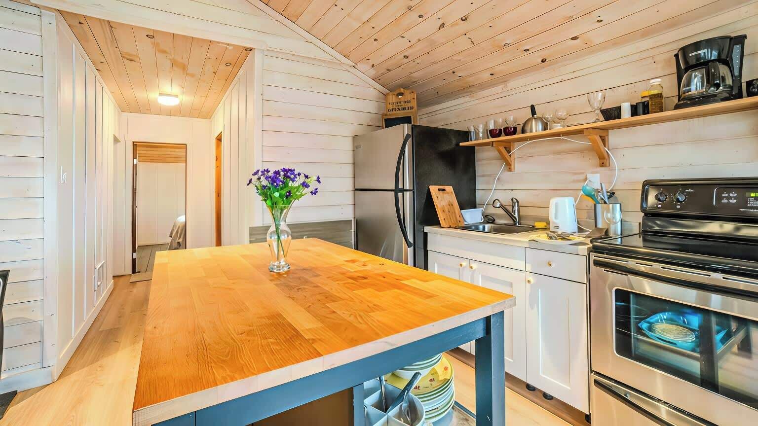 Kühlschrank, Mikrowelle, Herdplatte, Kochgeschirr/Geschirr/Besteck