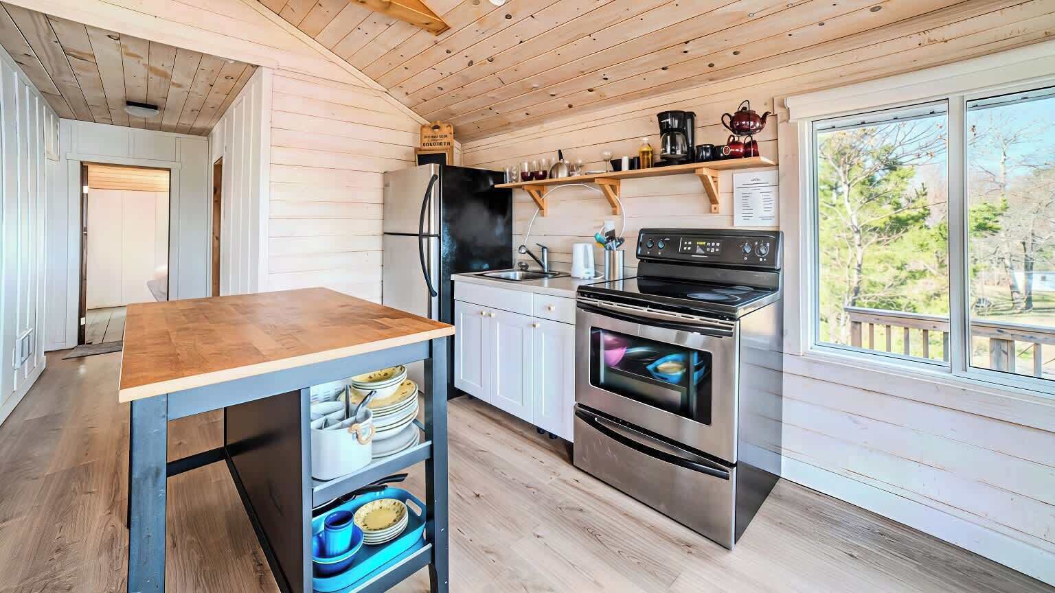 Fridge, microwave, stovetop, cookware/dishes/utensils