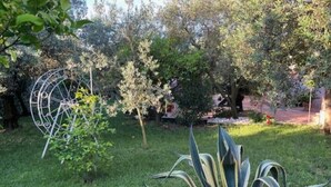 A garden with a metal sculpture, a large agave plant, and various trees. - MODERN APARTMENT SURROUNDED BY GREENERY BUT A STONE'S THROW FROM THE SEA AND MOUNTAINS (Lazio)