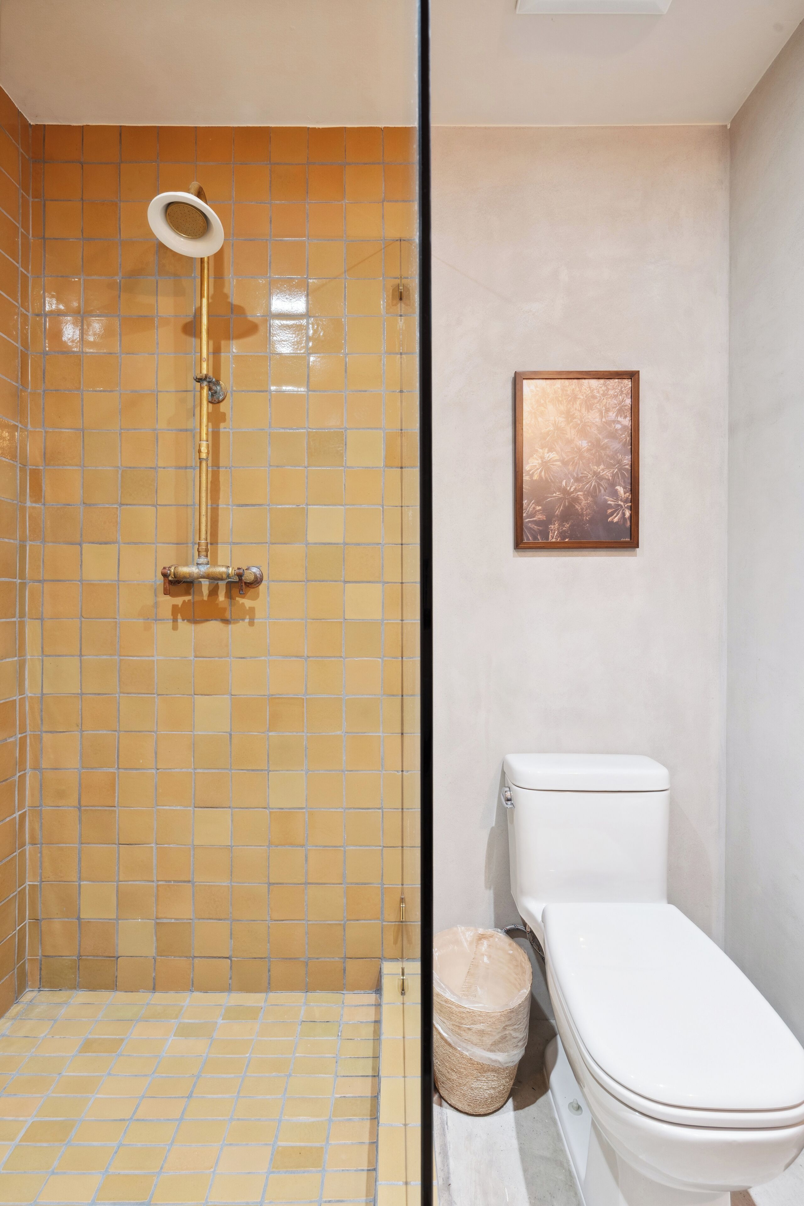 Un baño con ducha, inodoro y un cuadro en la pared.