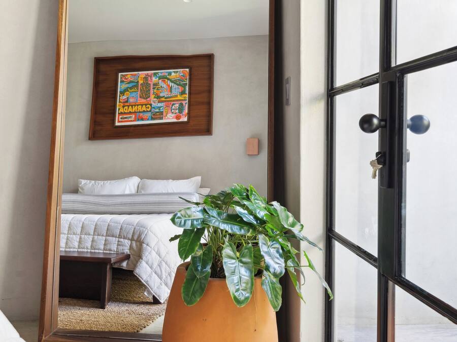 Un dormitorio con un espejo grande que refleja una cama, una planta en maceta y una obra de arte colgada en la pared.
