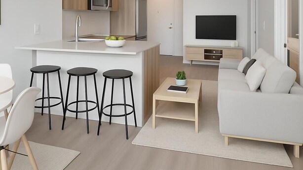 Een modern appartement met keuken, eetgedeelte en woonkamer.