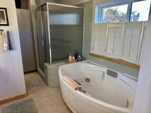 Shower, hair dryer, towels, toilet paper