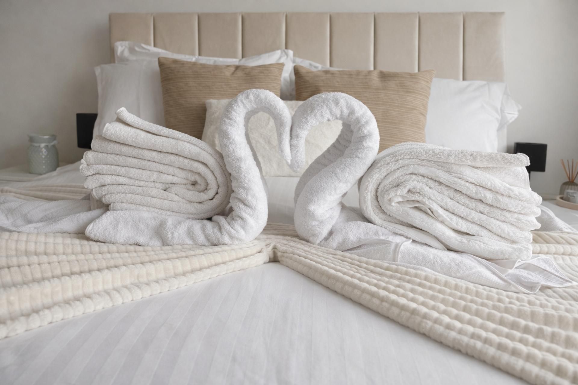 A neatly made bed with a white quilt and two swan-shaped towels.