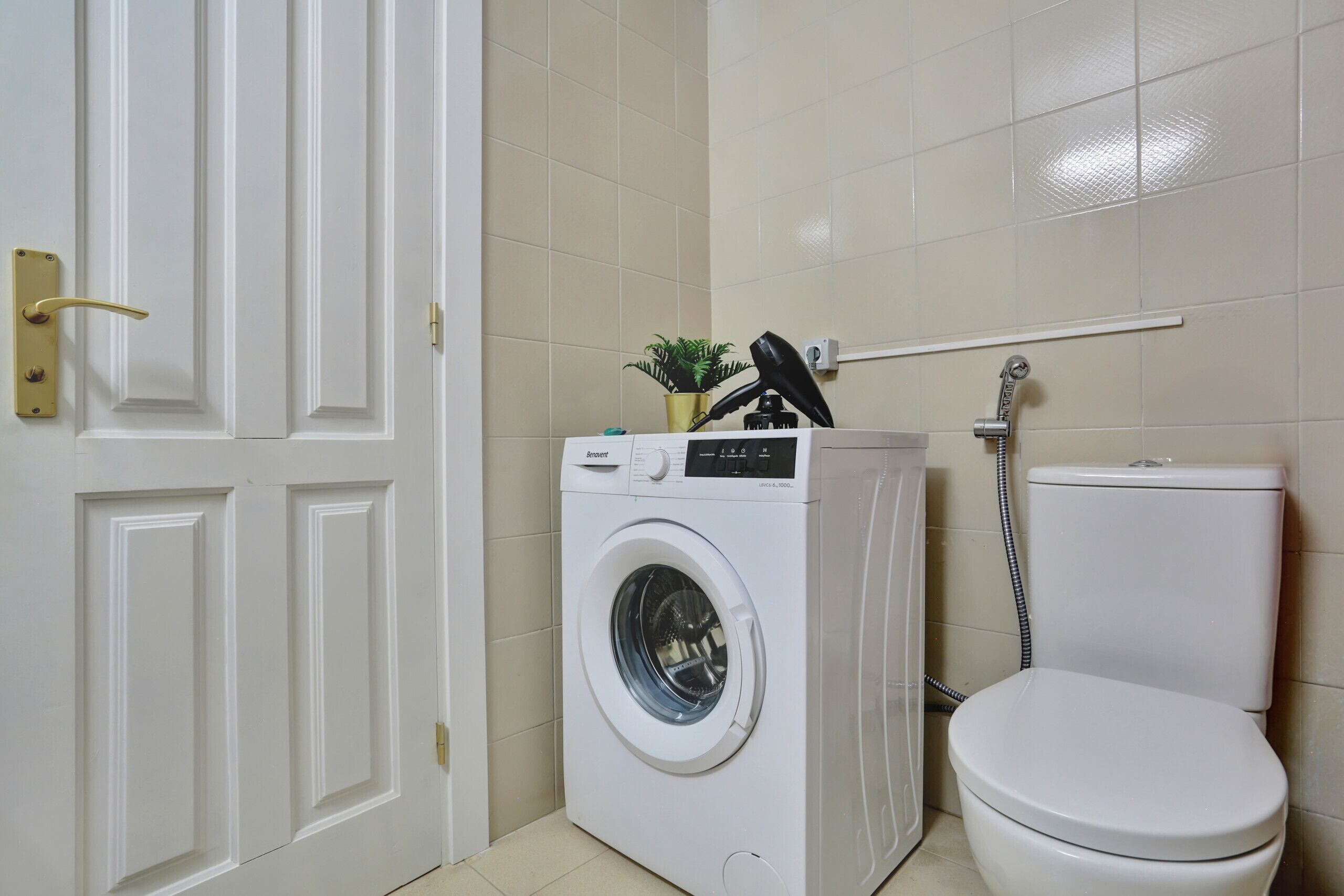 A compact bathroom with a white washing machine, a toilet, and a small potted plant.