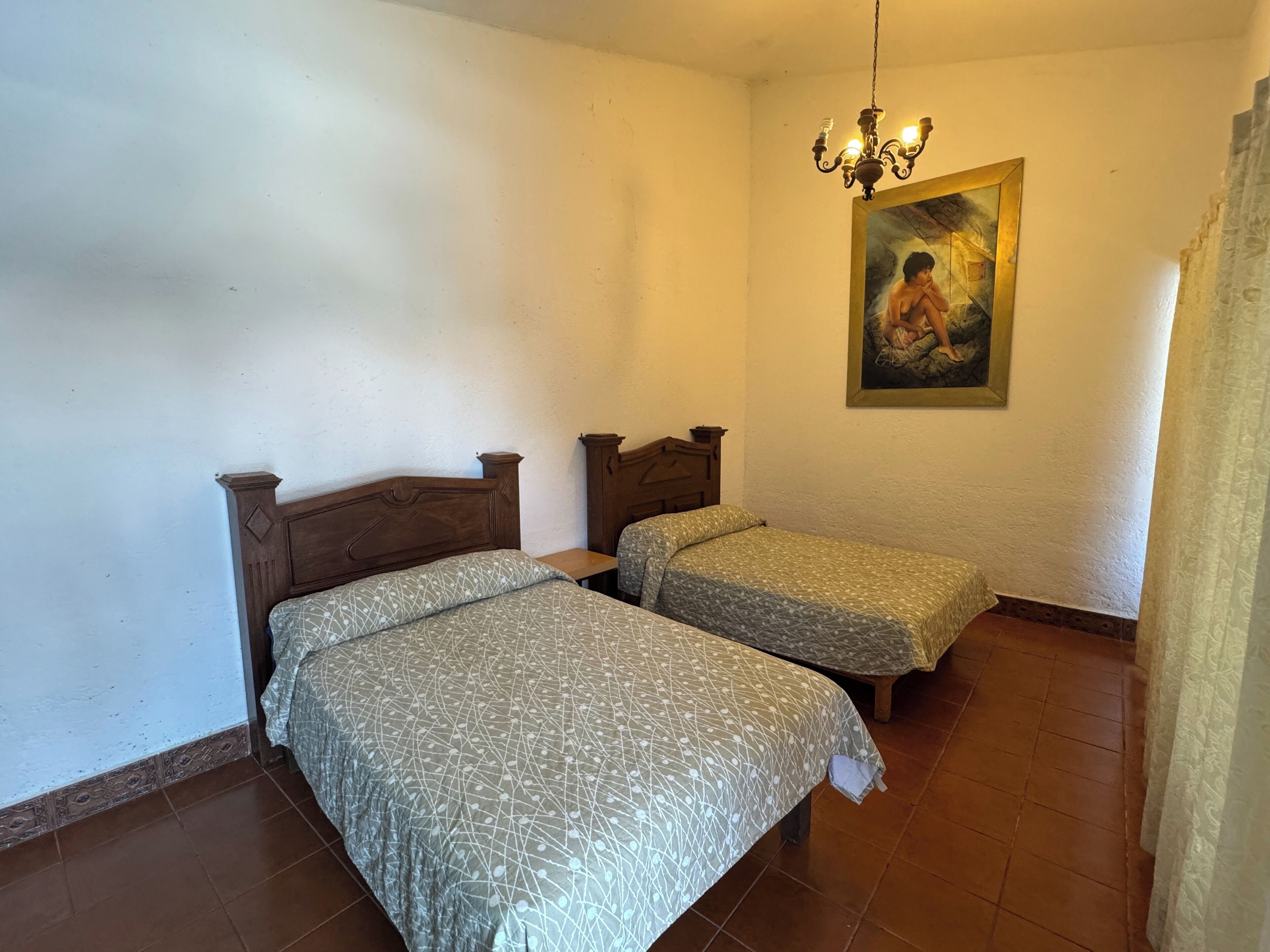 Un dormitorio con dos camas de madera, una araña y un cuadro en la pared.