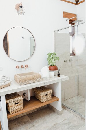 Shower, towels, toilet paper