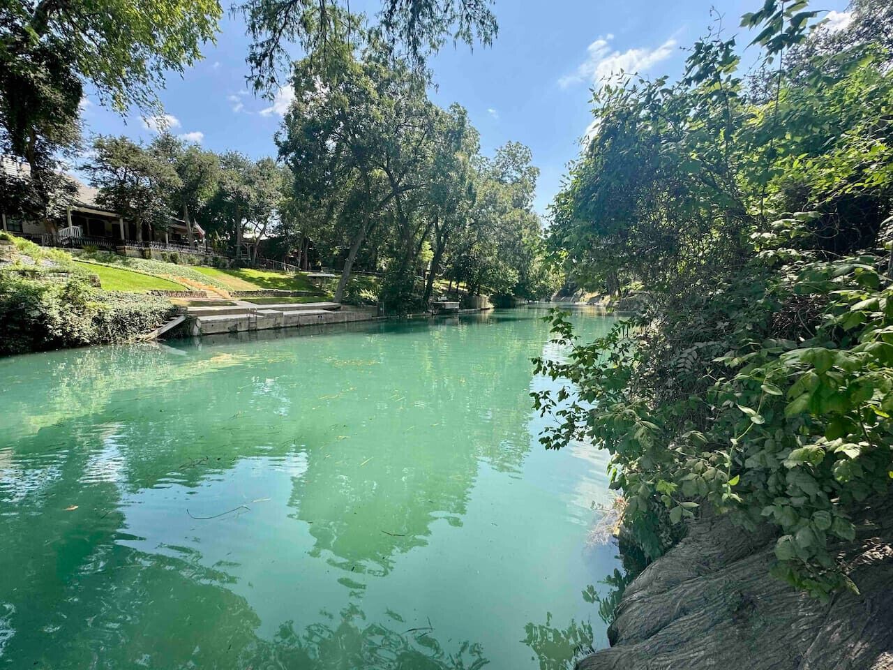 Un riu tranquil amb un pont de pedra, envoltat de verdura abundant i arbres.