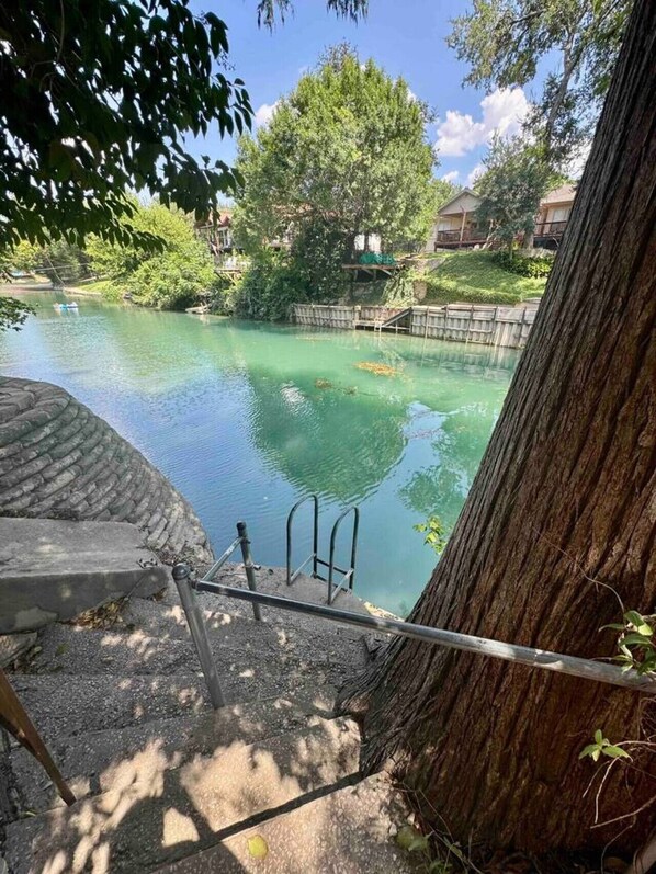 A tranquil outdoor pool area with a wooden deck, a stone wall, and a metal ladder leading into the water.