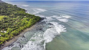 Vista aérea de una zona costera con playa, abundante vegetación y una vista despejada del océano.